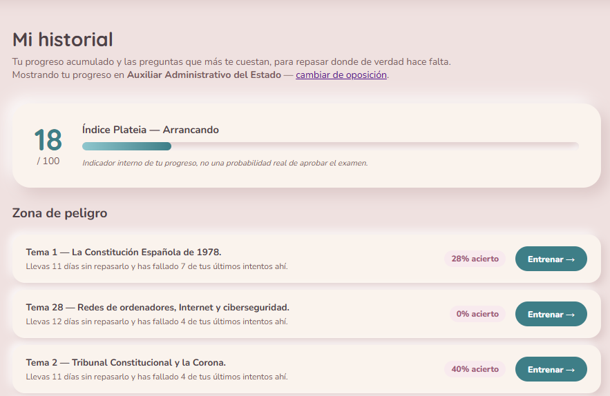Captura real del historial de errores de Plateia, con los fallos activos listos para repasar
